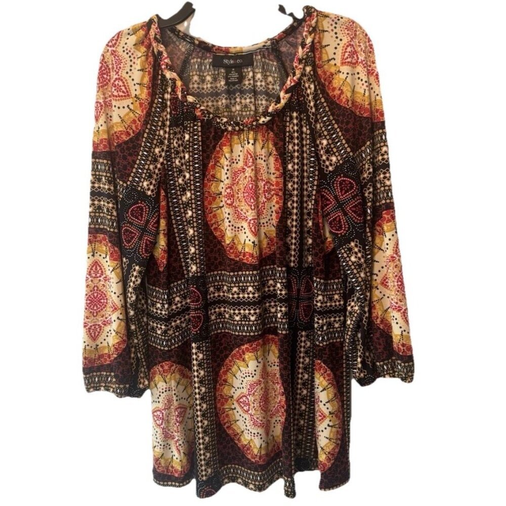Style & Co Colorful Braided Neckline 3/4 Sleeve Womens Top M Boho Festival Artsy